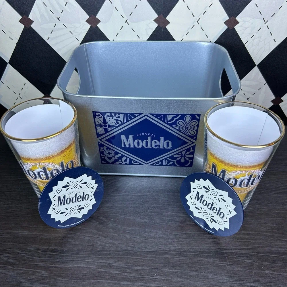 Modelo 5 Set Beer Bar Collectibles: 2 Pint Glasses + Ice Bucket + 2‎ Coasters